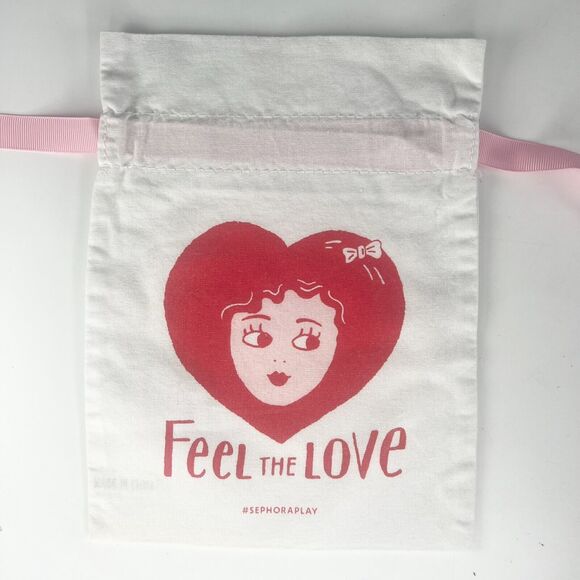 Sephora Feel the Love Drawstring Cloth MakeUp Delicates Travel Bag White Red New - Picture 1 of 4